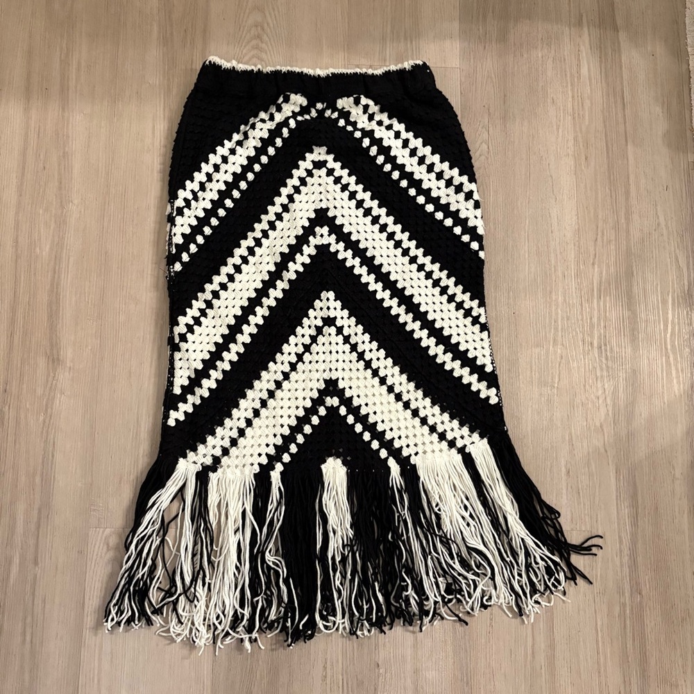 G/FORE Black and White Zigzag Fringe Midi Skirt